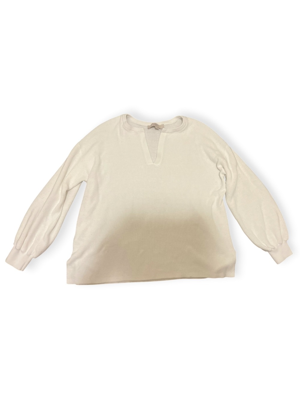 LOFT Ribbed V-Neck Long Sleeve Top Cream M